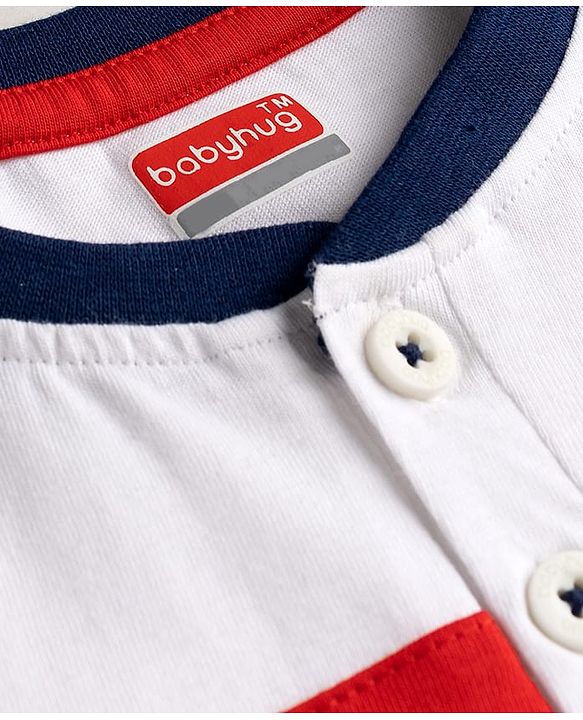 Babyhug Single Jersey Knit Half Sleeves Cut & Sew Colour Block Number Printed Henley T-Shirt & Shorts Set - Navy & Red
