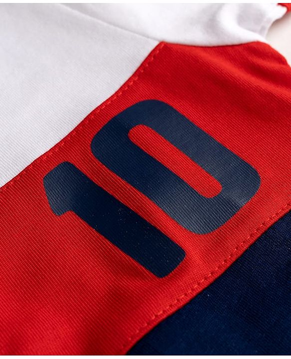 Babyhug Single Jersey Knit Half Sleeves Cut & Sew Colour Block Number Printed Henley T-Shirt & Shorts Set - Navy & Red