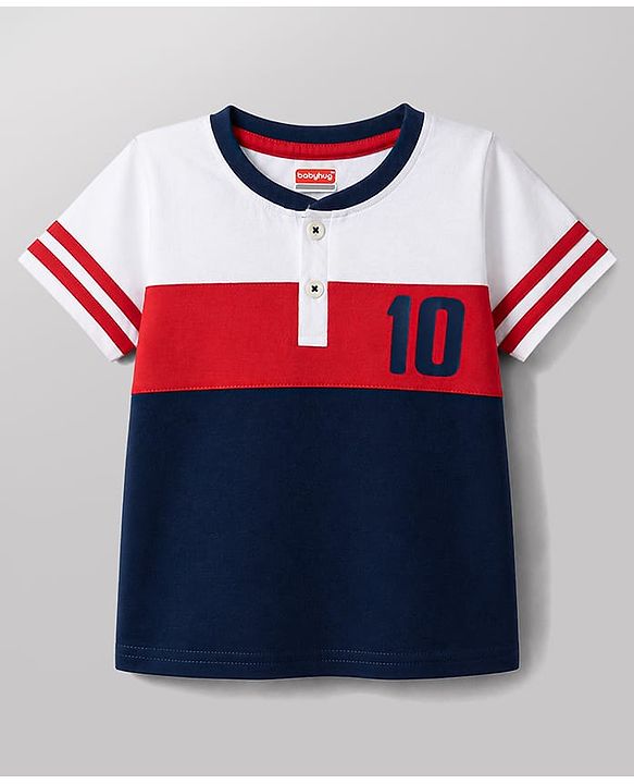 Babyhug Single Jersey Knit Half Sleeves Cut & Sew Colour Block Number Printed Henley T-Shirt & Shorts Set - Navy & Red