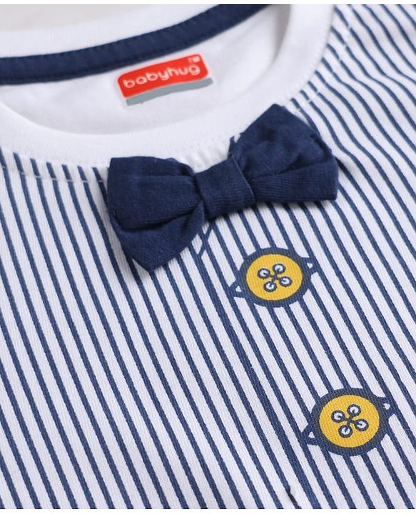 Babyhug Single Jersey Knit Half Sleeves Striped T-Shirt & Shorts Set With Bow Applique - White