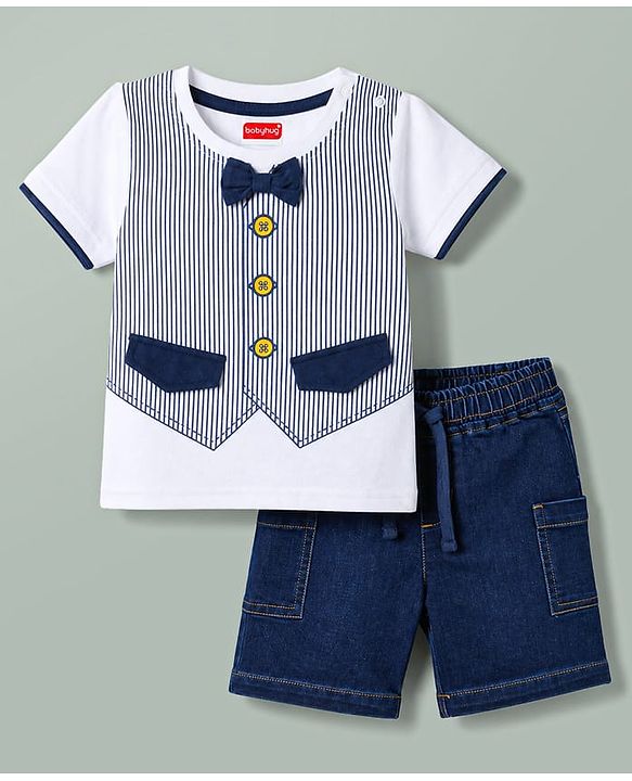 Babyhug Single Jersey Knit Half Sleeves Striped T-Shirt & Shorts Set With Bow Applique - White