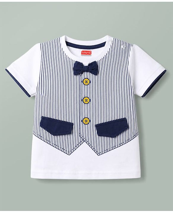 Babyhug Single Jersey Knit Half Sleeves Striped T-Shirt & Shorts Set With Bow Applique - White
