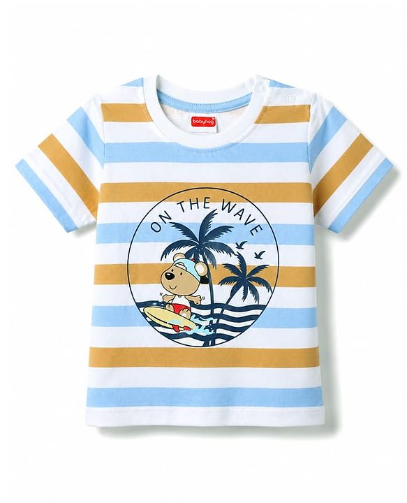 Babyhug 100% Cotton Single Jersey Knit Half Sleeves Striped & Bear Printed T-Shirt & Shorts Set - White