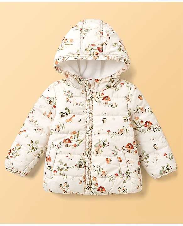Babyhug Woven Full Sleeves Floral & Squirrel Printed Hooded Padded Jacket - White