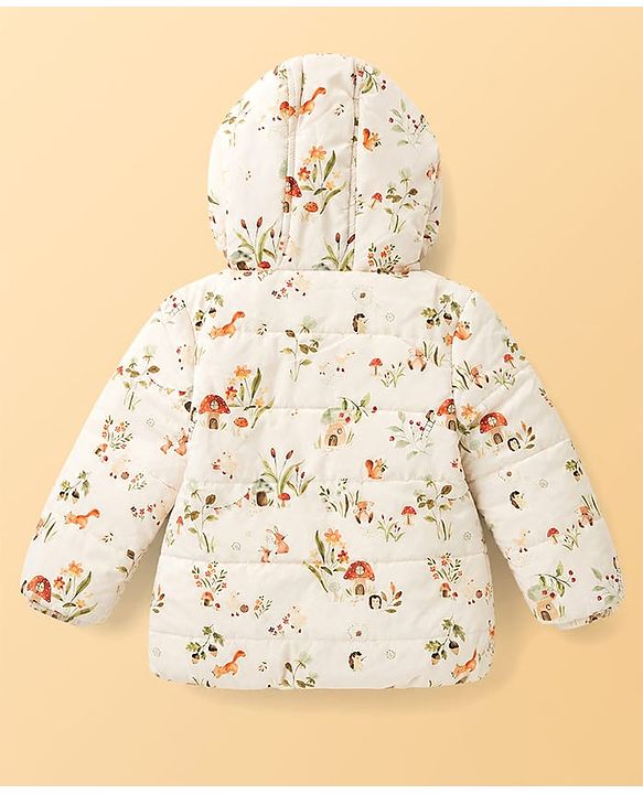 Babyhug Woven Full Sleeves Floral & Squirrel Printed Hooded Padded Jacket - White