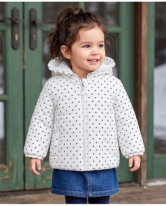 Babyhug Woven Full Sleeves Polka Dots Printed Hooded Padded Jacket - White