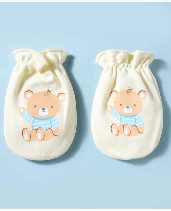 Babyhug 100% Cotton Interlock Knit Mittens & Booties With Teddy Bear Print - Yellow