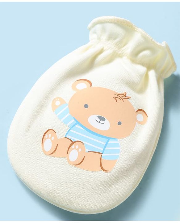 Babyhug 100% Cotton Interlock Knit Mittens & Booties With Teddy Bear Print - Yellow