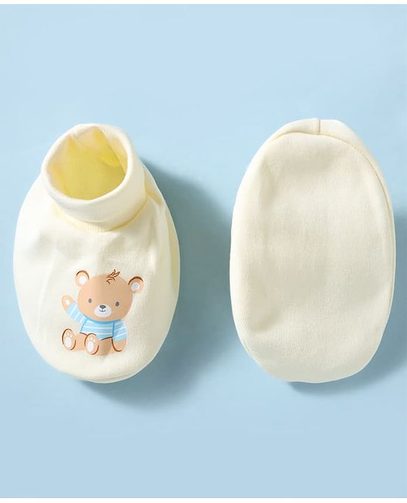 Babyhug 100% Cotton Interlock Knit Mittens & Booties With Teddy Bear Print - Yellow