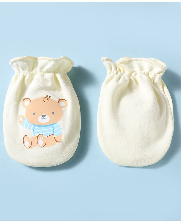 Babyhug 100% Cotton Interlock Knit Mittens & Booties With Teddy Bear Print - Yellow