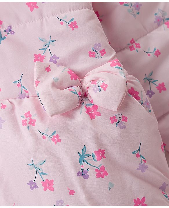 Babyhug Woven Full Sleeves Floral Printed Hooded Padded Jacket with Bow Applique- Pink