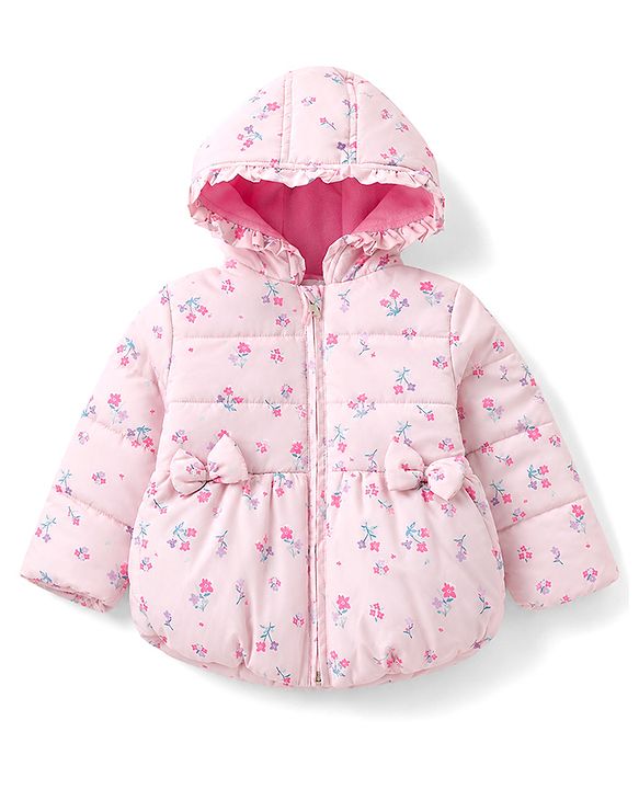 Babyhug Woven Full Sleeves Floral Printed Hooded Padded Jacket with Bow Applique- Pink