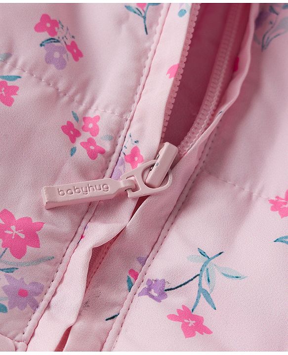 Babyhug Woven Full Sleeves Floral Printed Hooded Padded Jacket with Bow Applique- Pink