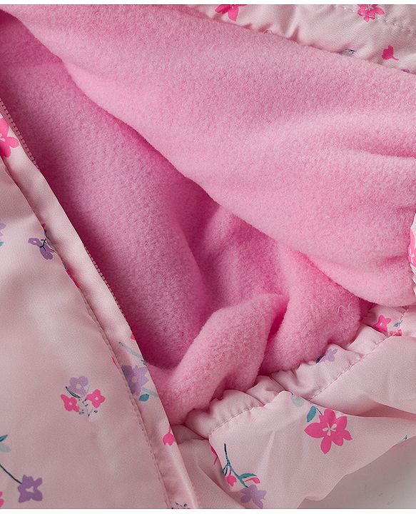 Babyhug Woven Full Sleeves Floral Printed Hooded Padded Jacket with Bow Applique- Pink