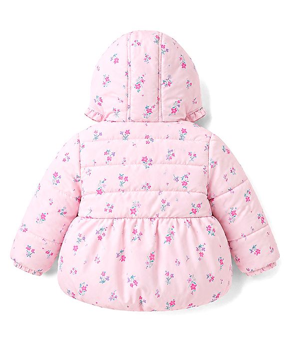 Babyhug Woven Full Sleeves Floral Printed Hooded Padded Jacket with Bow Applique- Pink