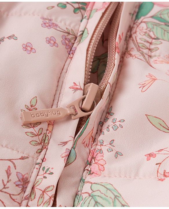 Babyhug Woven Full Sleeves Floral Printed Hooded Padded Jacket - Pink