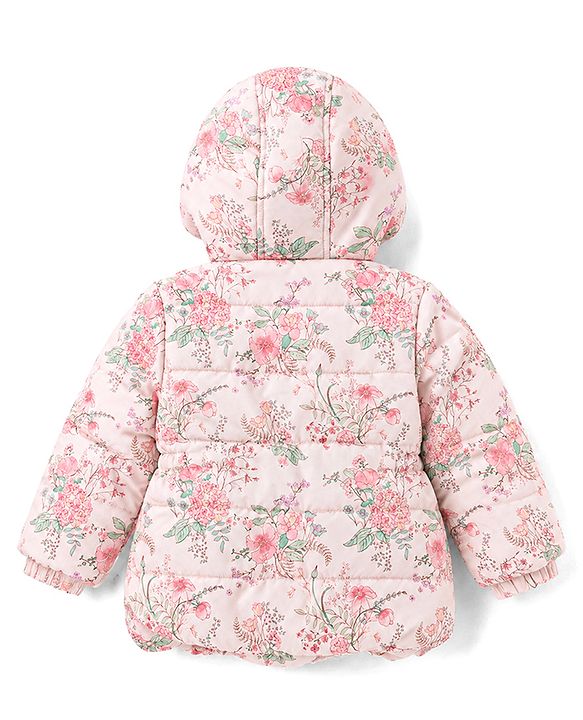 Babyhug Woven Full Sleeves Floral Printed Hooded Padded Jacket - Pink