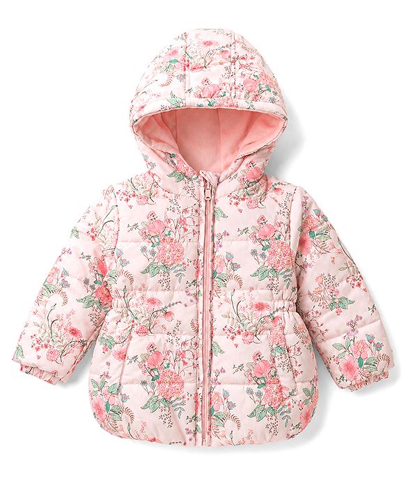 Babyhug Woven Full Sleeves Floral Printed Hooded Padded Jacket - Pink