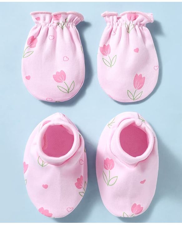 Babyhug 100% Cotton Interlock Knit Mittens & Booties With Floral Print - Pink
