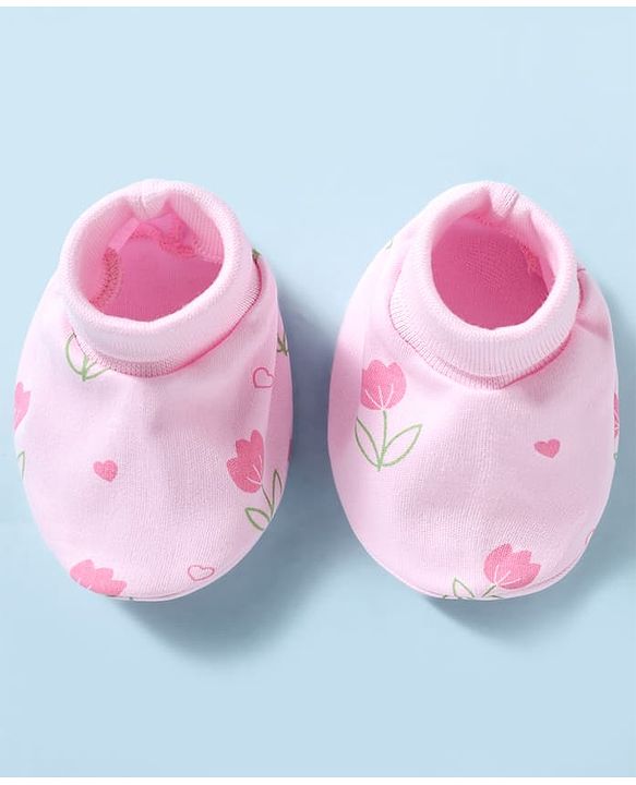 Babyhug 100% Cotton Interlock Knit Mittens & Booties With Floral Print - Pink