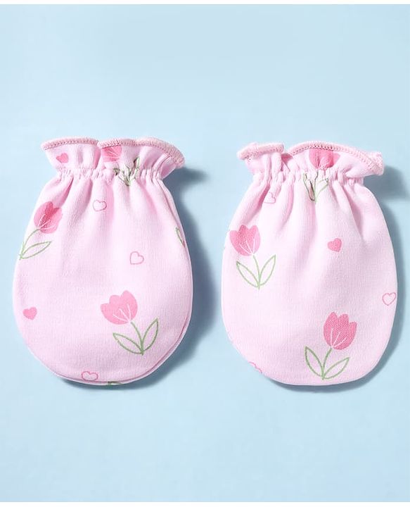 Babyhug 100% Cotton Interlock Knit Mittens & Booties With Floral Print - Pink
