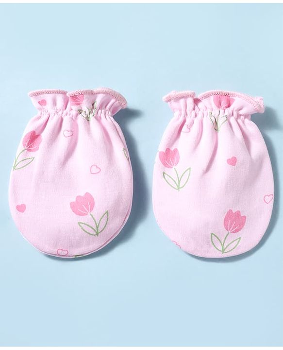Babyhug 100% Cotton Interlock Knit Mittens & Booties With Floral Print - Pink