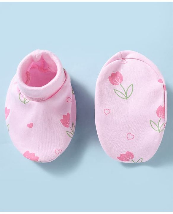 Babyhug 100% Cotton Interlock Knit Mittens & Booties With Floral Print - Pink