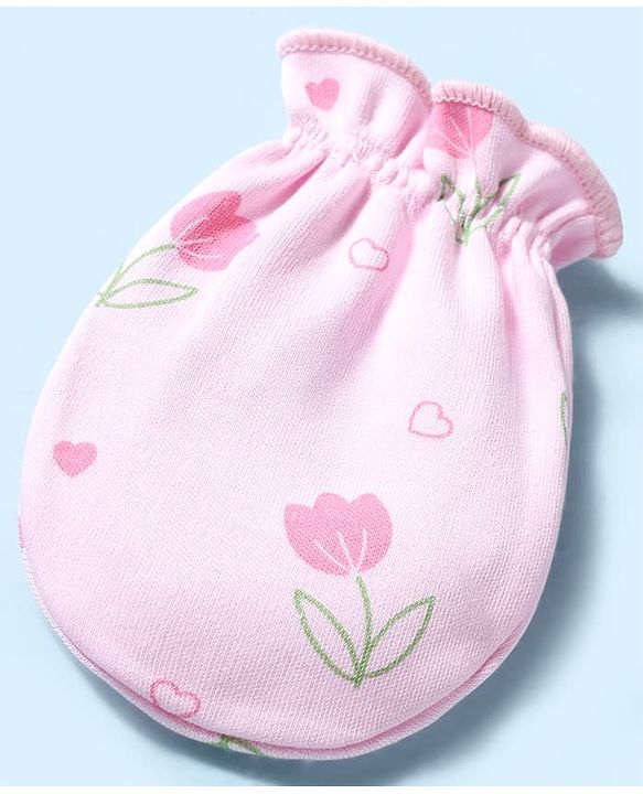 Babyhug 100% Cotton Interlock Knit Mittens & Booties With Floral Print - Pink