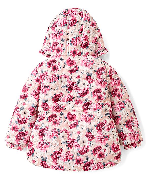 Babyhug Woven Full Sleeves Floral Printed Hooded Padded Jacket - Pink