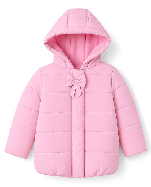 Babyhug Woven Full Sleeves  Hooded Jacket With Bow Applique - Pink