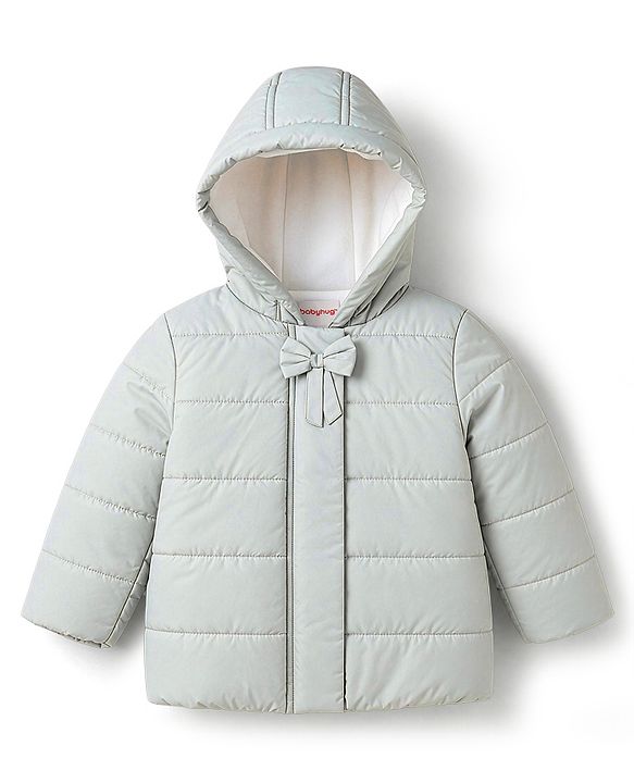 Babyhug Woven Hooded Padded Jacket with Full Sleeves and Bow Detail - Sea Green