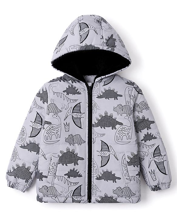 Babyhug Woven Reversible Jackets with Full Sleeves and Dinosaur Print in Grey for 6-9 Months