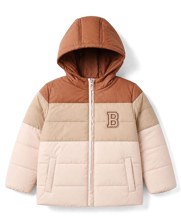 Babyhug Woven Padded Winter Hooded Jacket with Full Sleeves and B Applique in Brown