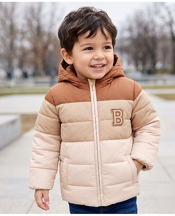 Babyhug Woven Padded Winter Hooded Jacket with Full Sleeves and B Applique in Brown