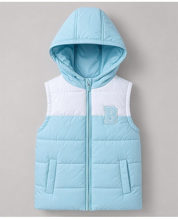 Babyhug Woven Sleeveless Hooded Padded Jacket with Letter B Patch - Light Blue