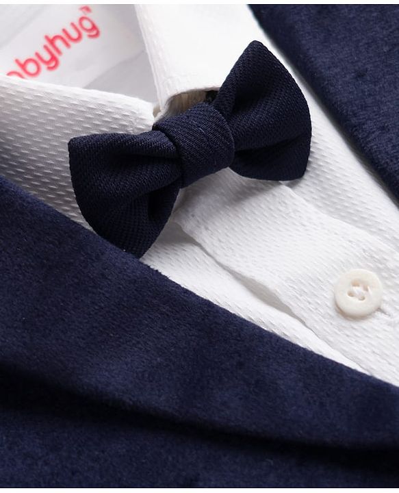 Babyhug Woven Full Sleeves Solid Three Piece Party Suit With Bow - Navy Blue