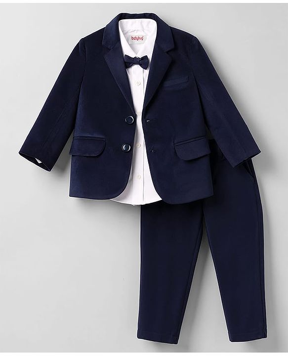 Babyhug Woven Full Sleeves Solid Three Piece Party Suit With Bow - Navy Blue