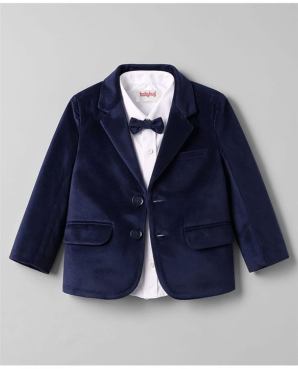 Babyhug Woven Full Sleeves Solid Three Piece Party Suit With Bow - Navy Blue