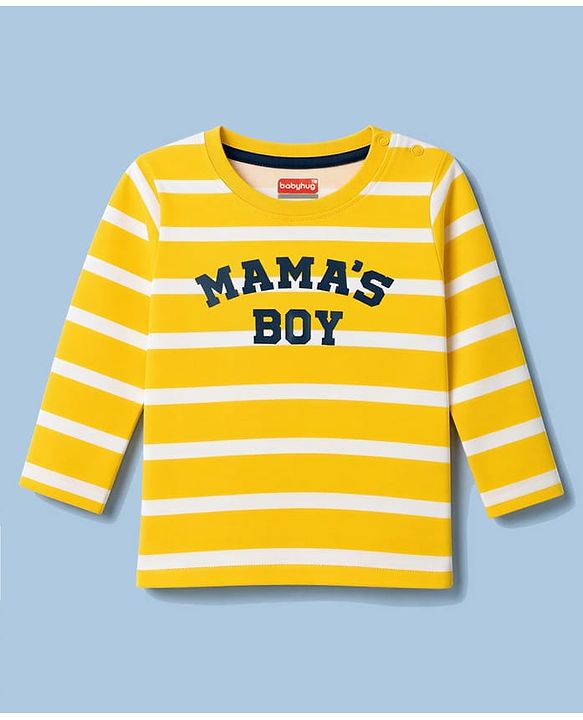 Babyhug 100% Cotton Knit Full Sleeves Striped T- Shirt With Text Print - Yellow