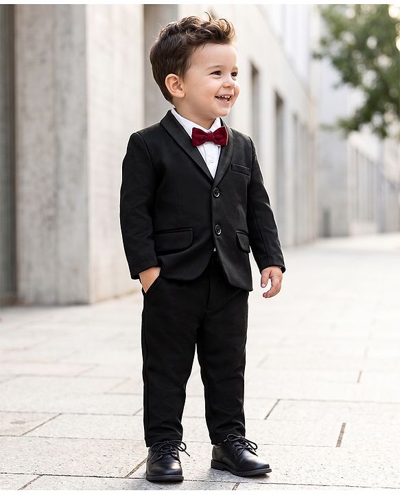 Babyhug Woven Full Sleeves Woven Party suit With Bow - Black