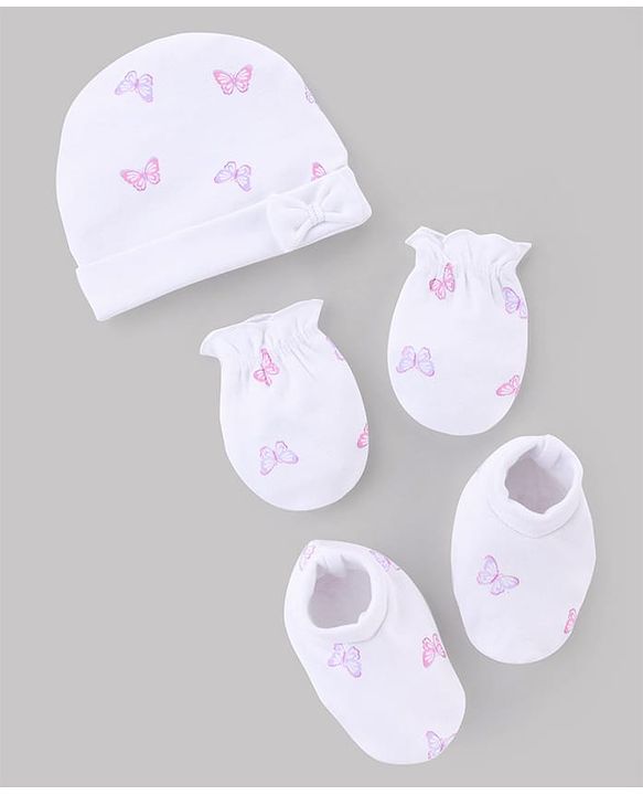 Babyhug 100% Cotton Interlock Knit Cap Mittens & Booties with Butterfly Print & Bow Applique White - Diameter 14 cm