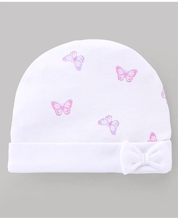 Babyhug 100% Cotton Interlock Knit Cap Mittens & Booties with Butterfly Print & Bow Applique White - Diameter 14 cm