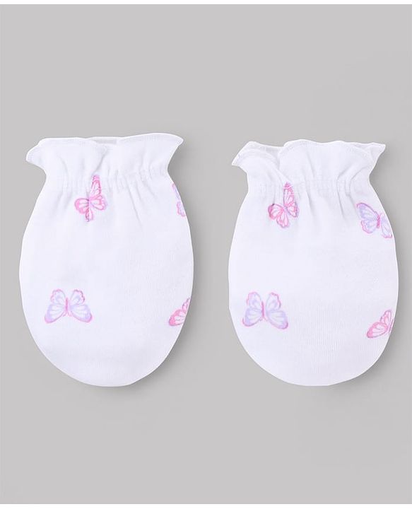 Babyhug 100% Cotton Interlock Knit Cap Mittens & Booties with Butterfly Print & Bow Applique White - Diameter 14 cm
