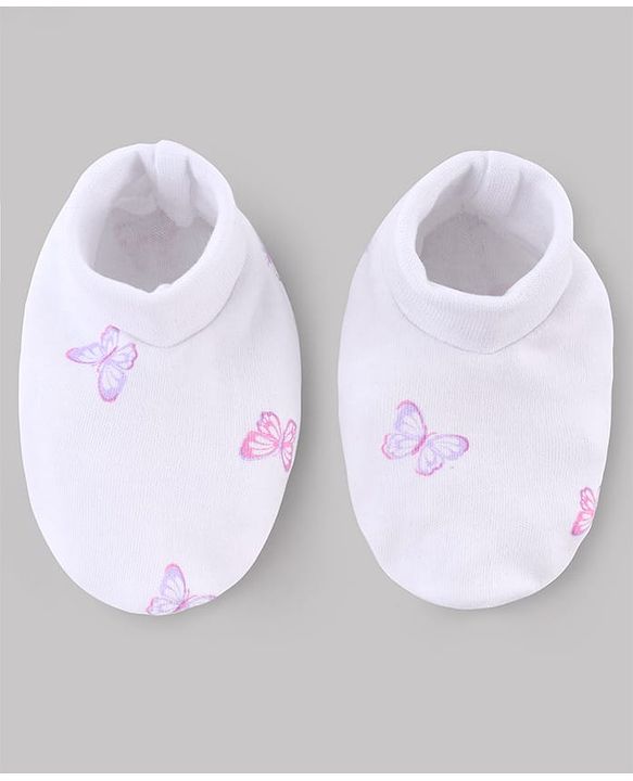 Babyhug 100% Cotton Interlock Knit Cap Mittens & Booties with Butterfly Print & Bow Applique White - Diameter 14 cm
