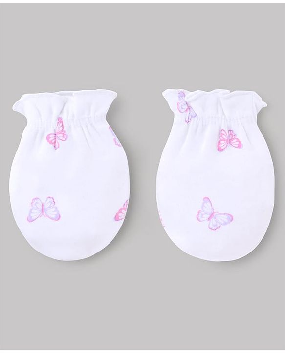 Babyhug 100% Cotton Interlock Knit Cap Mittens & Booties with Butterfly Print & Bow Applique White - Diameter 14 cm