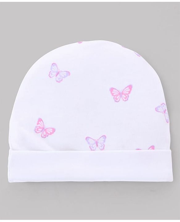 Babyhug 100% Cotton Interlock Knit Cap Mittens & Booties with Butterfly Print & Bow Applique White - Diameter 14 cm