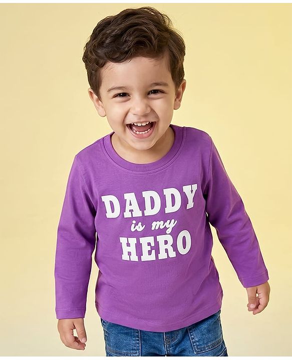 Babyhug 100% Cotton Knit Full Sleeves T-Shirt With Daddy Is My Hero Text Print - Purple