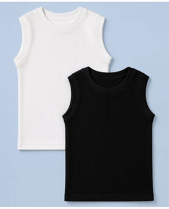 Pine Kids Cotton Blend Knit Thermal Solid Sleeveless Vests Pack of 2 - White & Black