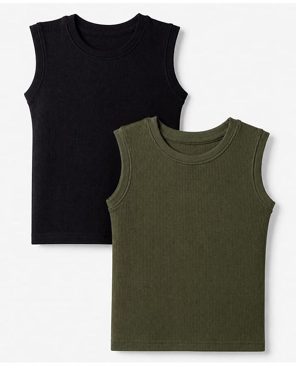 Pine Kids Cotton Blend Knit Solid Thermal Inner Wear with Sleeveless Pack of 2 - Olive Green & Black