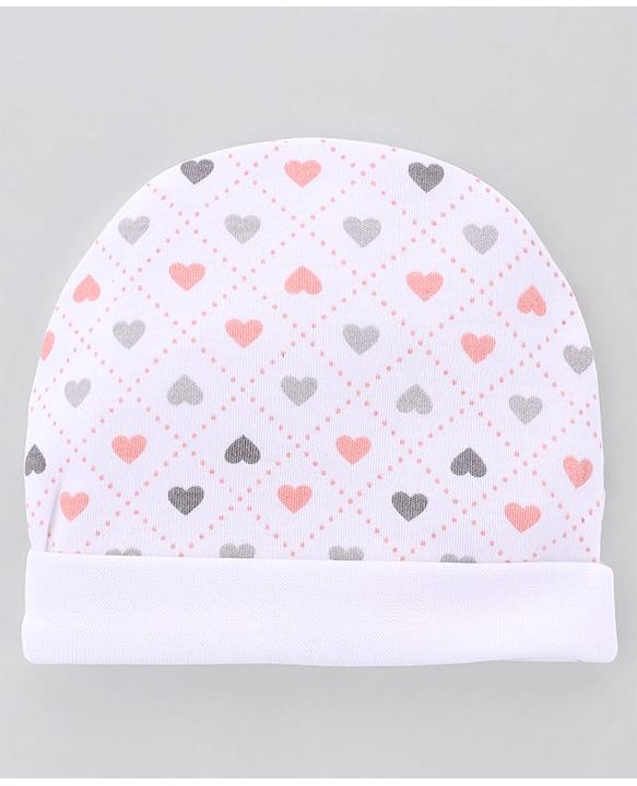 Babyhug 100% Cotton Interlock Knit Caps Mittens & Booties with Heart Print White - Diameter 16 cm